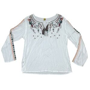 Raj Womens Blouse Embroidered Bohemian Tasseled Long Sleeve Top XL White Floral